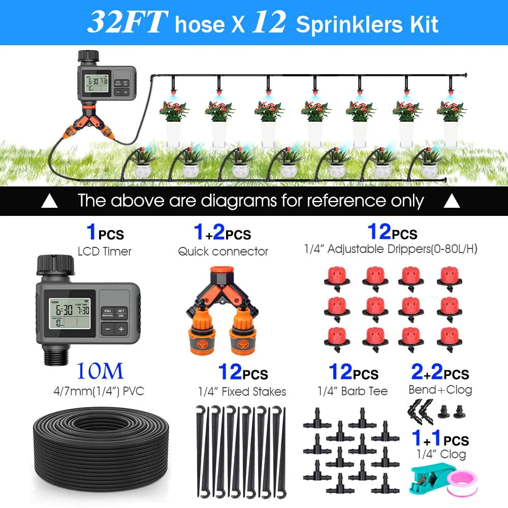 30-5m Garden LCD Button Timer Irrigation Set 0-80L/H Rotating Adjustable Nozzle Intelligent Display Automatic Watering System