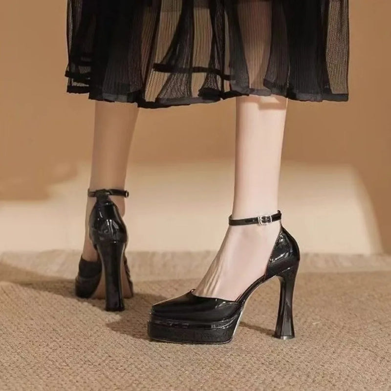 Women's Super High Heels Pointed Tip Thick Heel Ankle Strap Platform Heels Side Cutout Sexy Wedding Banquet Sandals