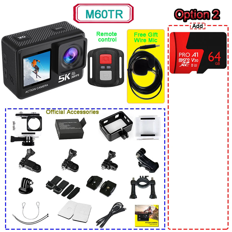 Action Camera 5K 4K60FPS  50MP 2" Touch Dual Screen 5X Zoom Wi-Fi EIS  170° DVR Webcam Wireless Mic 30M Waterproof Sport Camera