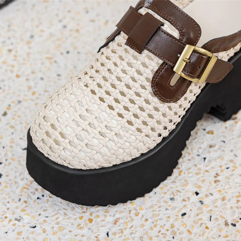 Women's Summer Slippers Mesh Holes 2026 New Women's Platform Mules 9cm High Heel  Woven Slippers Women