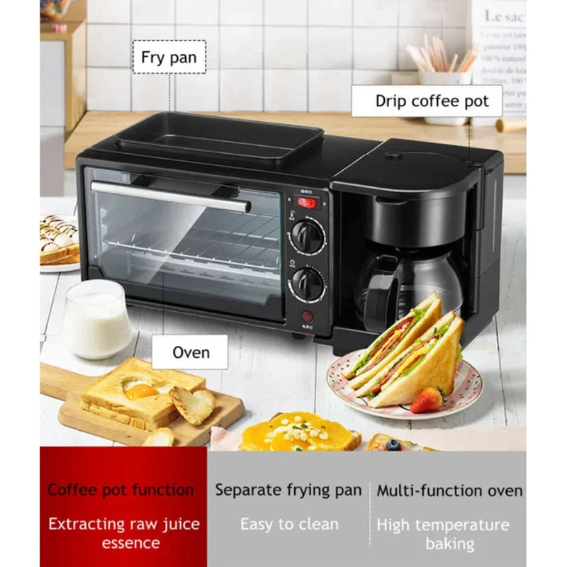 Kitchen 3 In 1 Breakfast Making Machine Drip Coffee Maker Household Bread Pizza Frying Pan Toaster Electric Oven