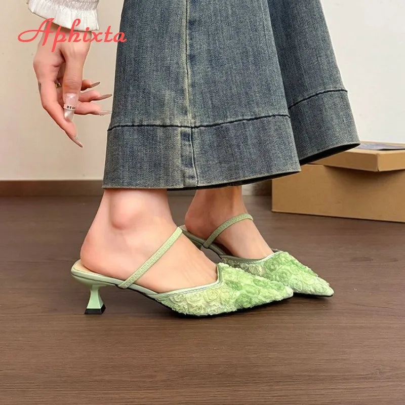 Aphixta 2026 New Fashion Women's Pink Floral Mules Pointed Toe Low Heel Slippers Elegant Summer Dress Shoes for Ladies