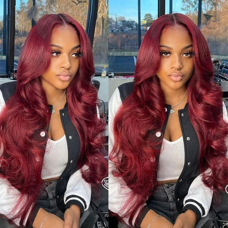 99J Burgundy Red Colored Body Wave Pre Plucked Brazilian Human Hair Lace Front Wig 40‑46 Inch 200% Density 13x4 13x6 HD Transparent Lace Frontal Wigs For Black Women