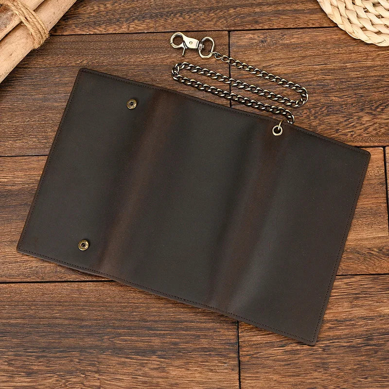 Men's Vintage Crazy Horse Leather Chain Wallet Genuine Leather Bifold Long Wallet Snap Card Holder Purse Zipper Coin Rfid Pocket