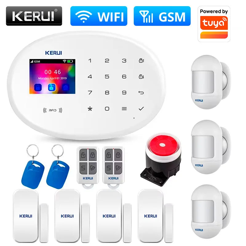 KERUI Home Security Protection WIFI GSM Alarm System Kit Works with Tuya Support Alexa with Door Opening Sensor Motion Detector
