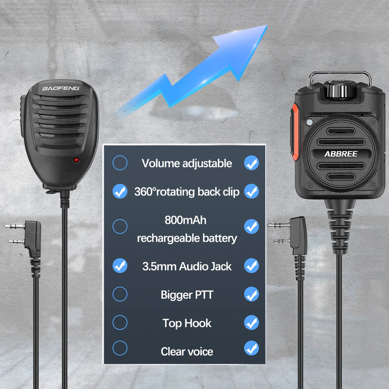 ABBREE AR-158 Rechargeable Walkie Talkie Speaker Microphone Volume Adjust Type-C Charging for Baofeng UV 5R MINI UV 21 PRO Radio