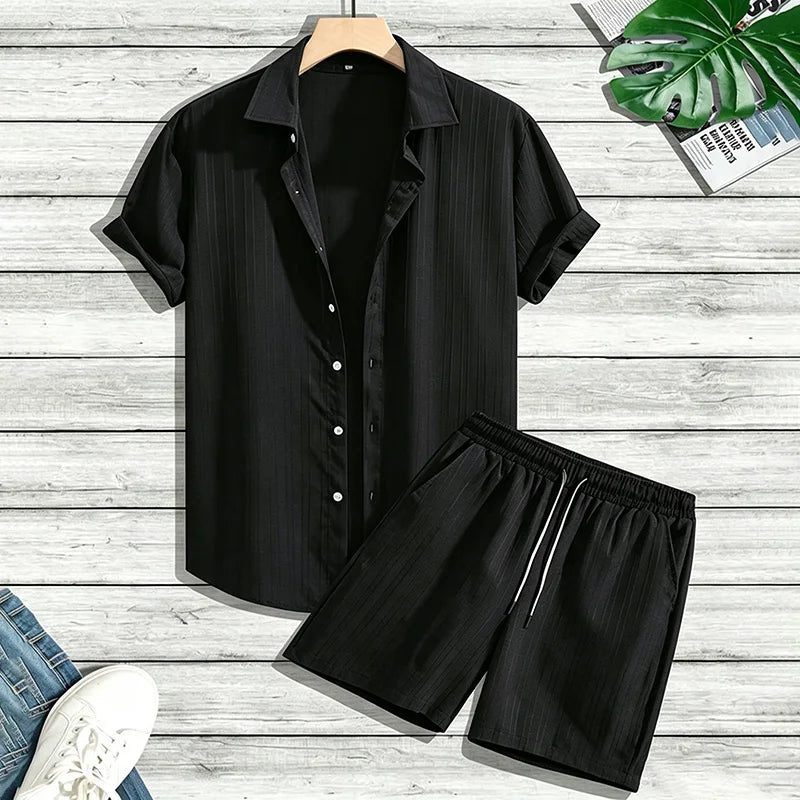 Men Vertical Wrinkle Lapel Short Sleeve Shirt Regular Fit | SAMAG