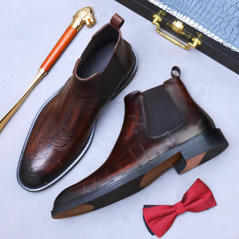 Genuine Leather Embossed Ankle Boots for Men Letter Business Formal Leather Boots Men's Chelsea Boots British Trendy Men's Boots