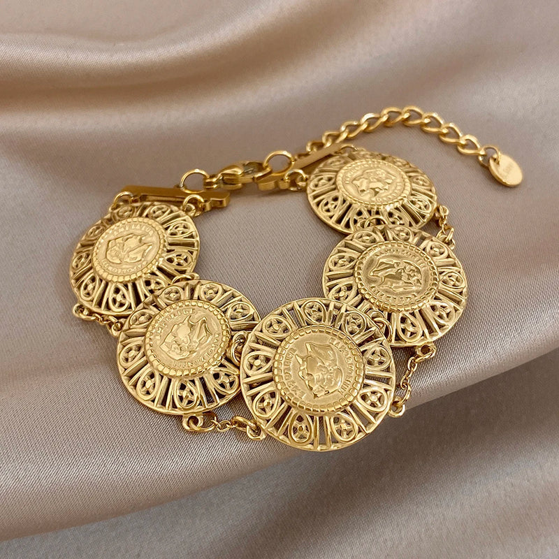 Vintage Gold Plated Stainless Steel Coins Wrist Bracelet for Women Men Classic Ethnic Cuff Bracelets Waterproof Jewelry