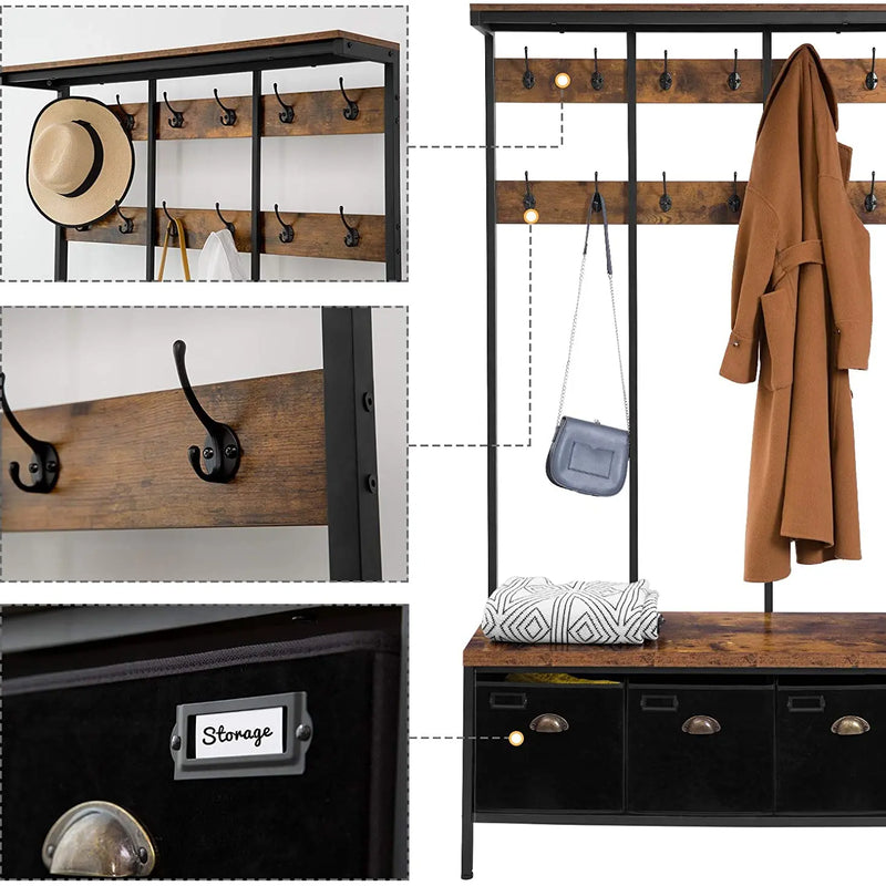 HOOBRO Coat Rack With 12 Hooks Hall Tree With Bench And Shoe Storage Entryway Bench With 3 Storage Boxes For Hallway Living Room
