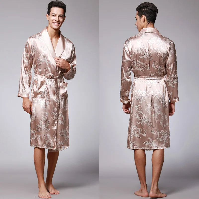 Loose Kimono Robe Wear Printing Nightgown Silky Men's Pajamas Long-sleeved Bathrobes Homewear
