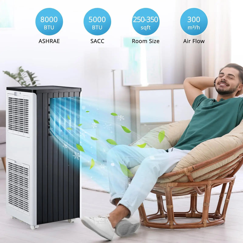 8000 BTU Portable Air Conditioner 3 in 1 Cool Dry Fan Portable AC Unit with Sleep Mode 24H Timer Remote Control Complete Window Vent Kit Portable Air Conditioner for Bedroom Apartment Up to 350 Sq Ft