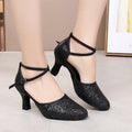 Glitter Women Latin Dance Shoes Closed Toe Ankle Strap Cha Cha Tango Mid Heel Soft Suede Sole Practice Performance Indoor Pumps