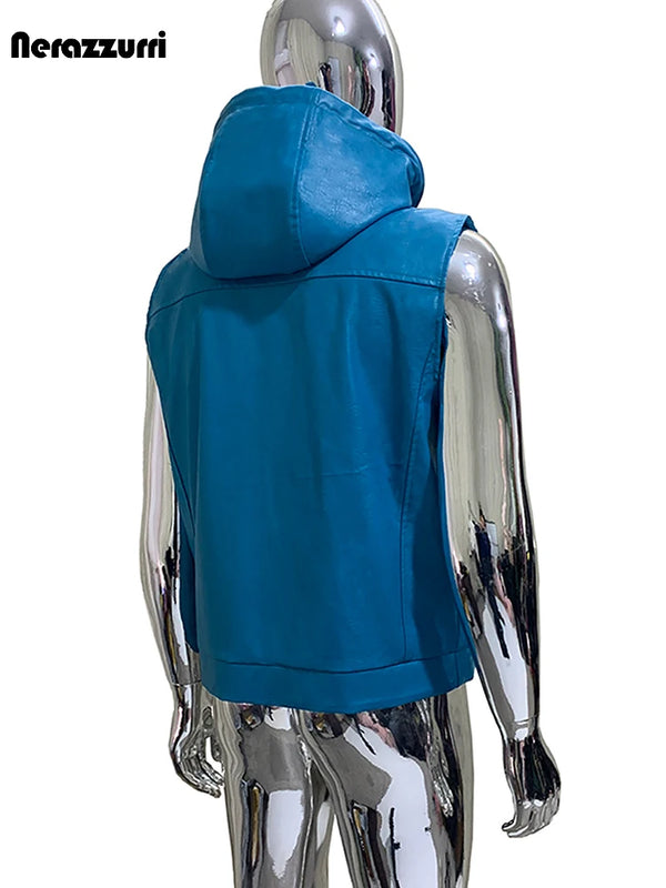 Nerazzurri Summer Autumn Short Blue Pu Leather Vest for Men with Drawstring Hood Zipper Sleeveless Jacket Men Menswear Clothing