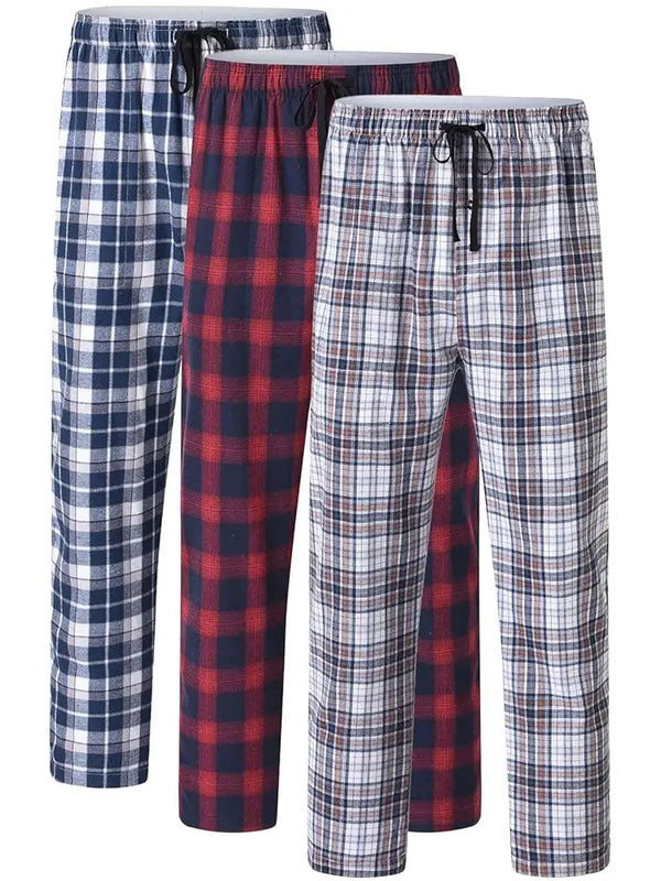 Men's 3Pcs Pajama Sleeping Pants Cotton Plaid Pjs, Long Plaid Print Sleepwear Pajama Pants with Elastic Waist Homewear