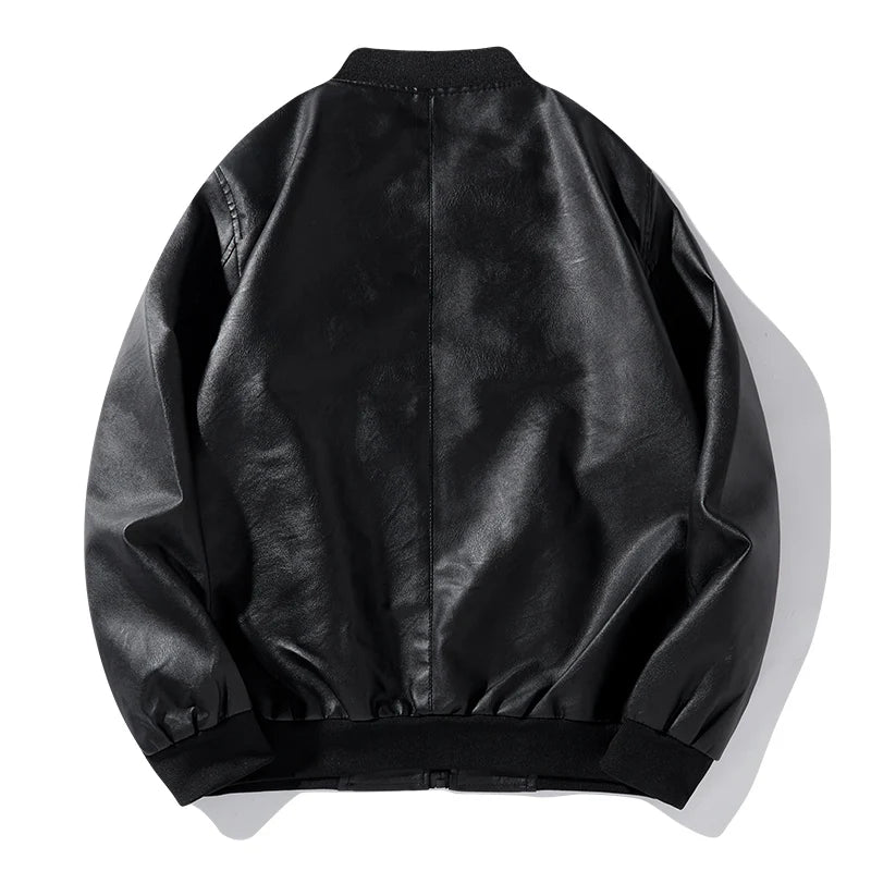 Autumn Men's Black Biker PU Leather Work Coat Korean Fashion Pu Leather Jacket Men Trend Casual Fit Slim Baseball Collar Clothes