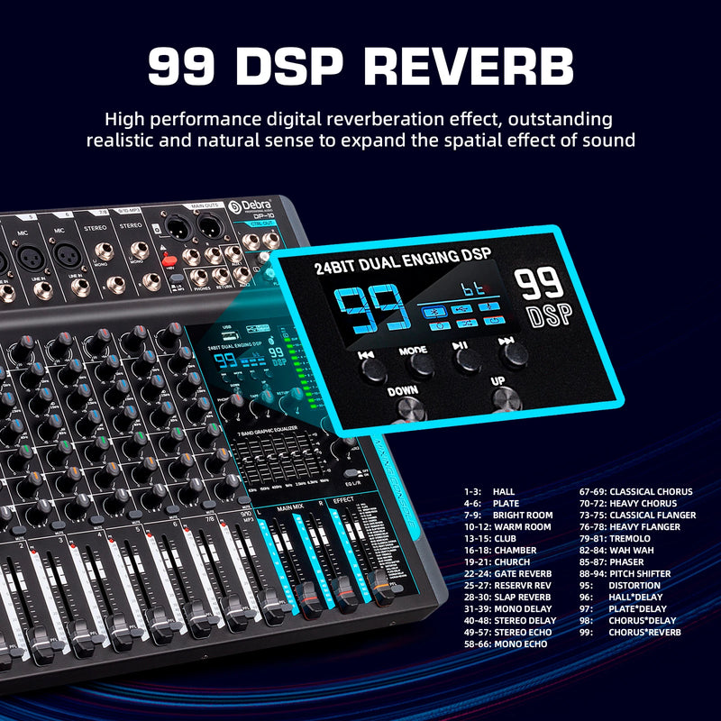 Debra DP-10 Channels 99 DSP Audio Mixer DJ Controller Reverb Recording Mixing With Bluetooth 5.0 Professional Performance