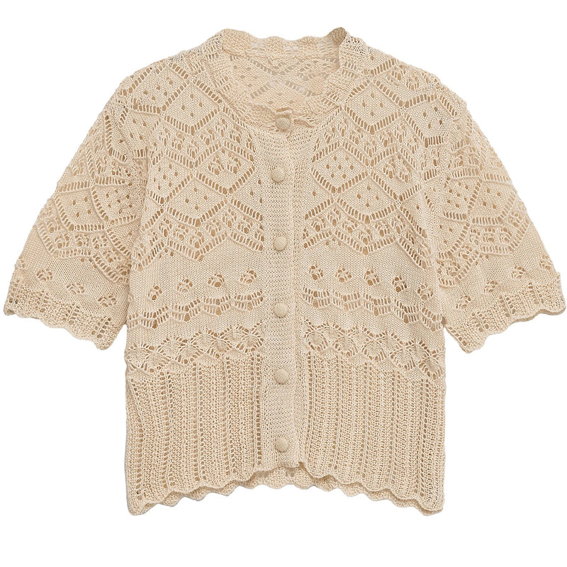Embroidery Lace Blouse Cover Up Top Short Sleeve Button - View 2 | SAMAG