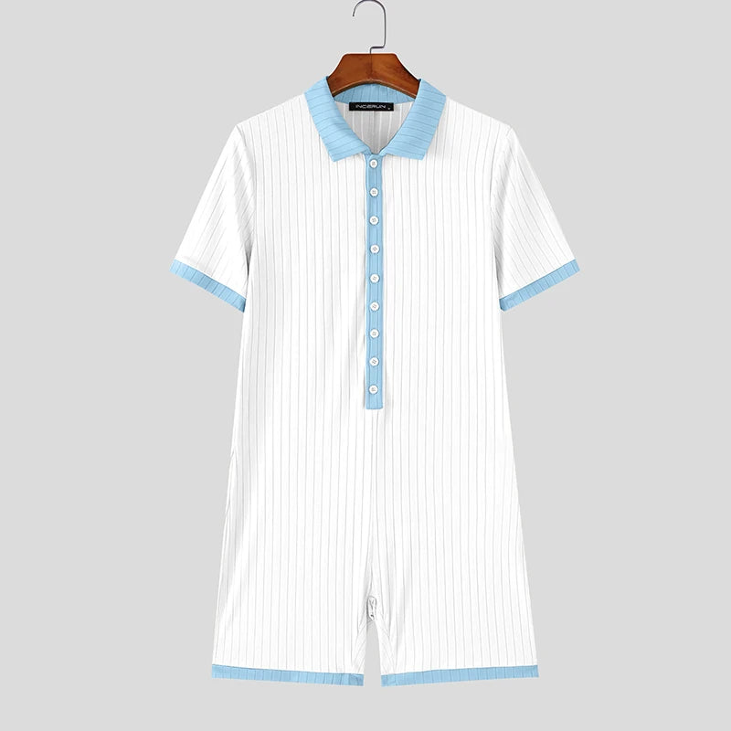INCERUN Men's Bodysuits Patchwork Lapel Short Sleeve Button Male Rompers Playsuits Knitted Summer 2026 Casual Bodysuit For Man