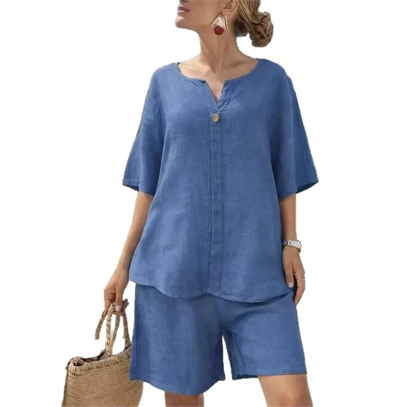 Summer Cotton Linen Casual Short-sleeved Tops Women's Suit New Fashion Female Beach Vacation 5 Point Straight Shorts 2piece Set