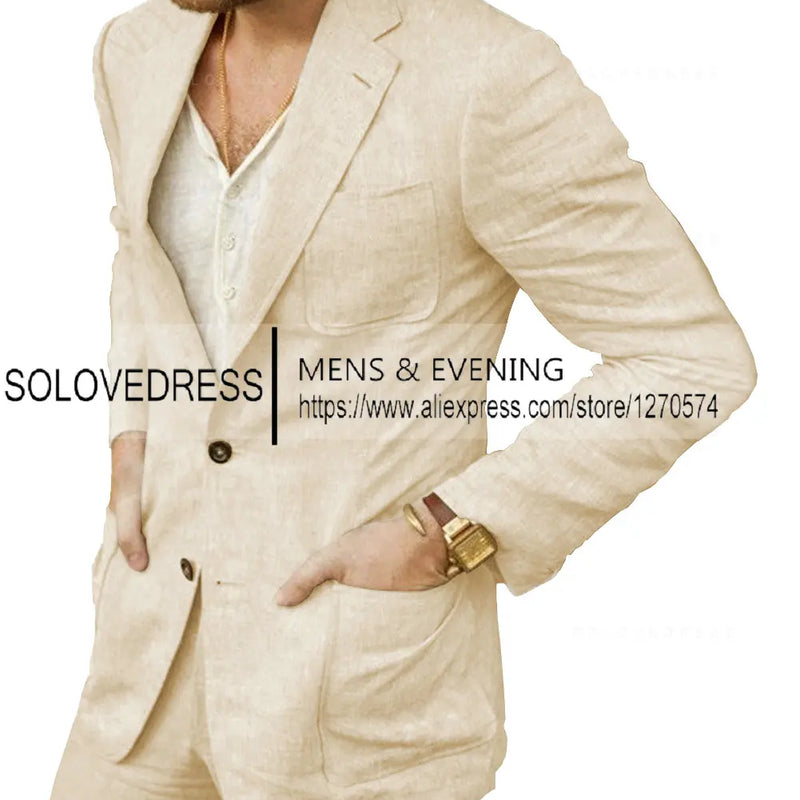 Summer Linen Suit Men Casual Party Classic Blazer Pants 2 Pieces Holiday Travel Tailor-made Breathable Cool Male Outfits