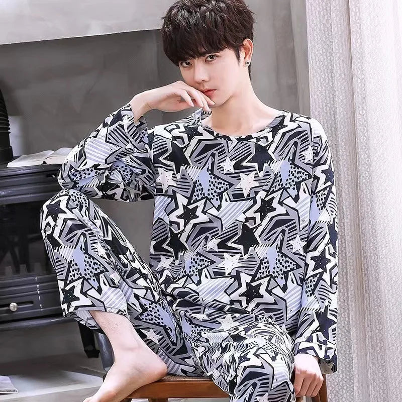 2-Piece New Spring And Fall Men's Pajamas Set Boys Soft Long-Sleeved Sleep Rest Home Party Pajamas Men's Casual Homewear