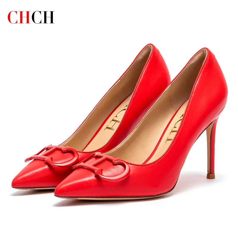 C-H Woman shoes  High Heels New Pointed Metal Buckle Party Carnival Women's Shoes 9cm