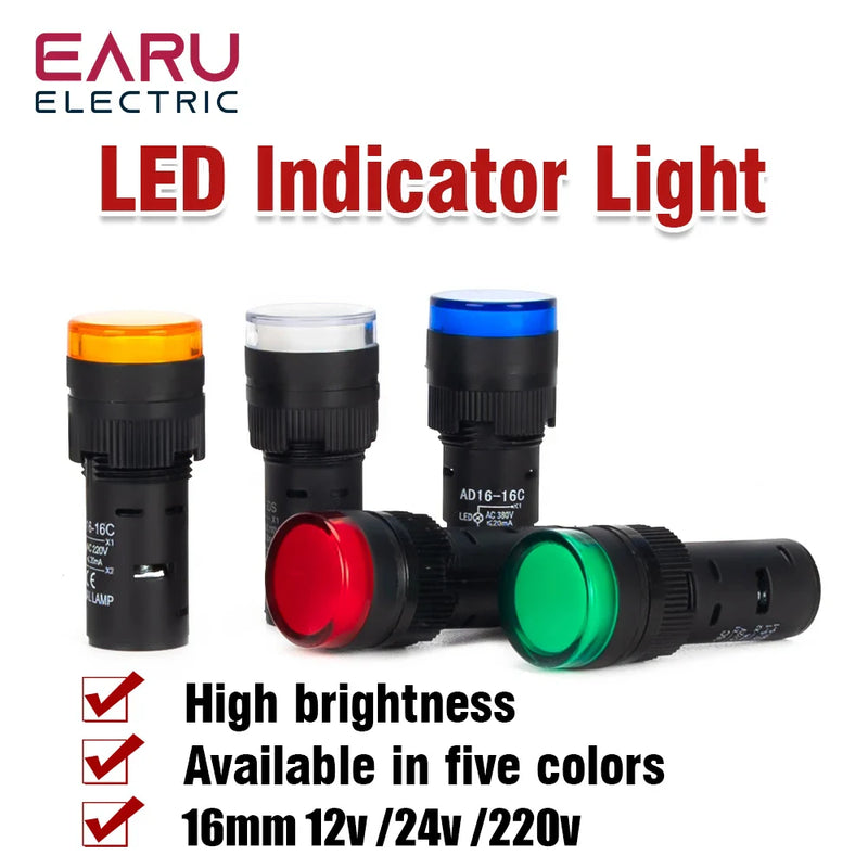 1pcs 16mm Panel Mount Signal Power  Led Indicator Light Blue Green Red White Yellow Pilot Lamp AC DC 12V 24V 220V AD16-16C