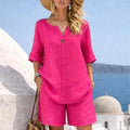 Summer Cotton Linen Casual Short-sleeved Tops Women's Suit New Fashion Female Beach Vacation 5 Point Straight Shorts 2piece Set