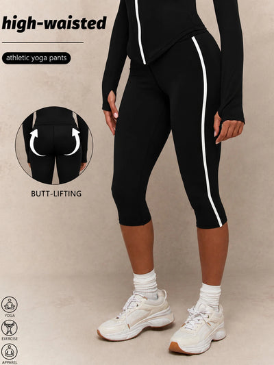 Women's High Waist Capri Yoga Leggings with Side Stripe | SAMAG