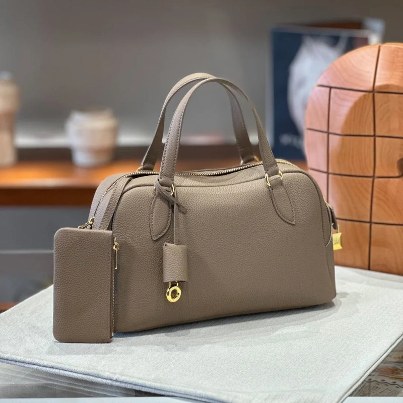 2026New Personality Grain First Layer Calf Leather with Shoulder Strap Large Capacity Boston One Shoulder Portable Crossbody Bag