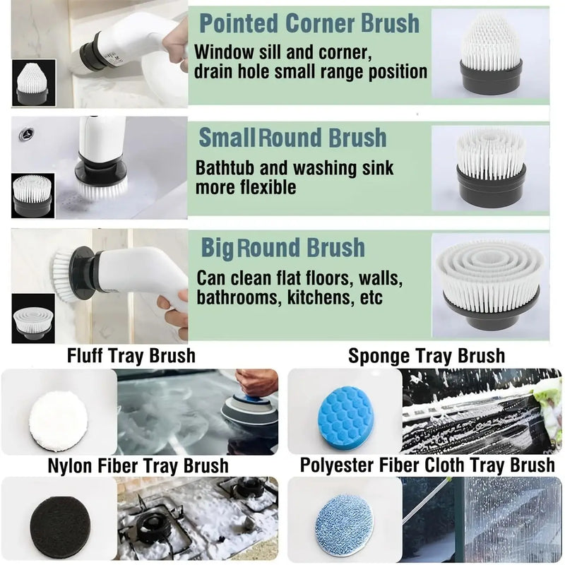 Electric Cleaning Brush:9-in-1 Head,Rotates Flexibly Multifunction Tool for Bathroom, Floors, Corner Gaps and Shower Room Glass.