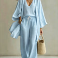 Women Fashion 3-Piece Set Open Front Cardigan Wide Sleeves Matching V-Neck Vest Drawstring Waist Wide Leg Pants Casual Outfit