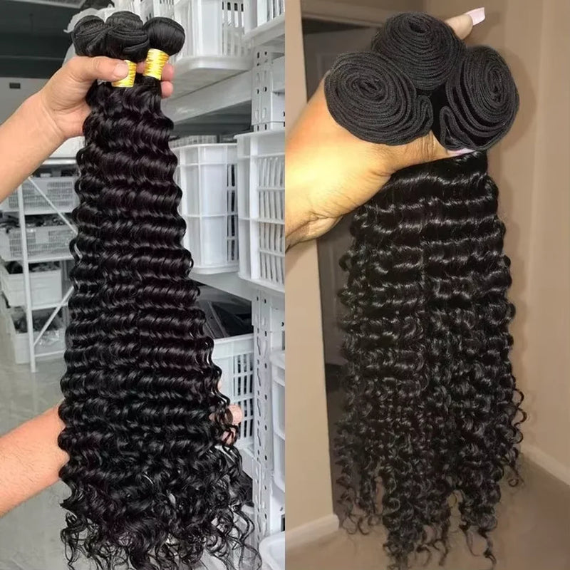 Deep Wave Human Hair Bundles Curly Hair 40Inch Brazilian Weaving Raw Virgin Unprocessed Double Weft Hair Bundles Extensions