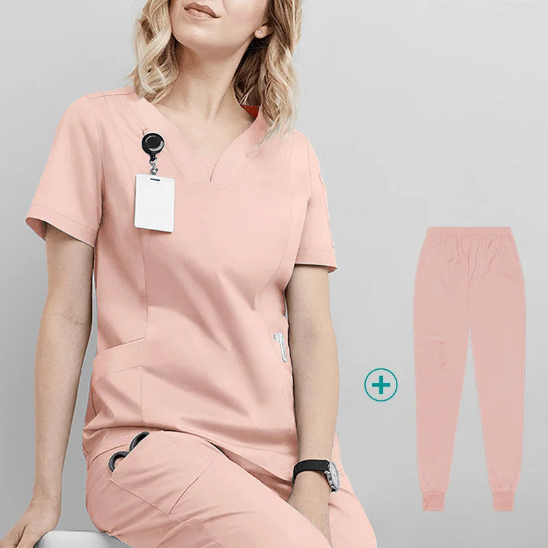 Woman Medical Scrubs Set, V-Neck Short Sleeve Nursing Uniforms With Multi-Pockets, Professional Workwear For Dental Clinic, Sp