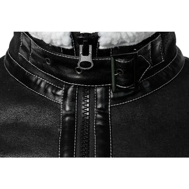 Winter Men Fleece-Lined Thicken Fur Integrated Leather New Men Leather Clothing with Stand Collar Lambswool Leather Jacket