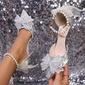 Women's Crystal Bowknot Bride Shoes for Wedding Luxury Beads Ankle Buckle Stiletto Heel Pumps Women Pointed Toe High Heels Shoes