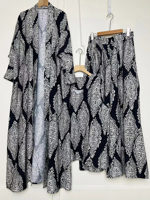 Design retro positioning printed long cardigan+vest three piece set for spring women's clothing+loose pants skirt fashion set