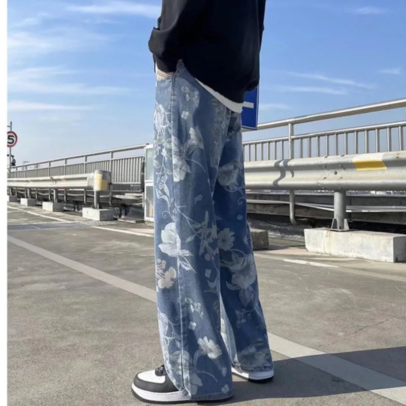 Spring Printed Jeans Korean Style Men's Floral Denim | SAMAG