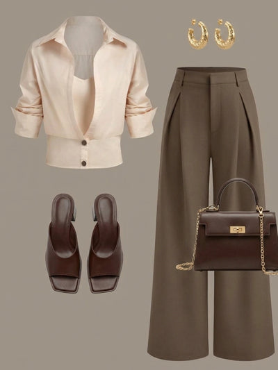 Women Lapel Cropped Button Front Shirt High Waist Wide | SAMAG