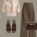Women Lapel Cropped Button Front Shirt High Waist Wide Leg Trousers Two Piece Outfit Daily Commute Casual Wear