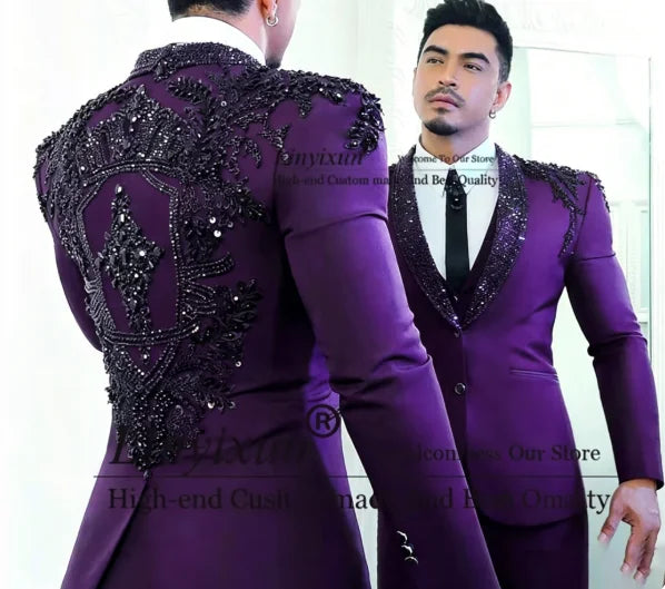 Sparkly Diamond Beaded Men Suit 3 Pieces Set Male Business Blazers Customized Groom Wedding Tuxedos Slim Gem trajes para hombre