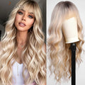 Long Blonde Ombre Brown Synthetic Wigs Water Wavy Platinum Wigs with Bang Hair Wig for Women Daily Cosplay Party Heat Resistant