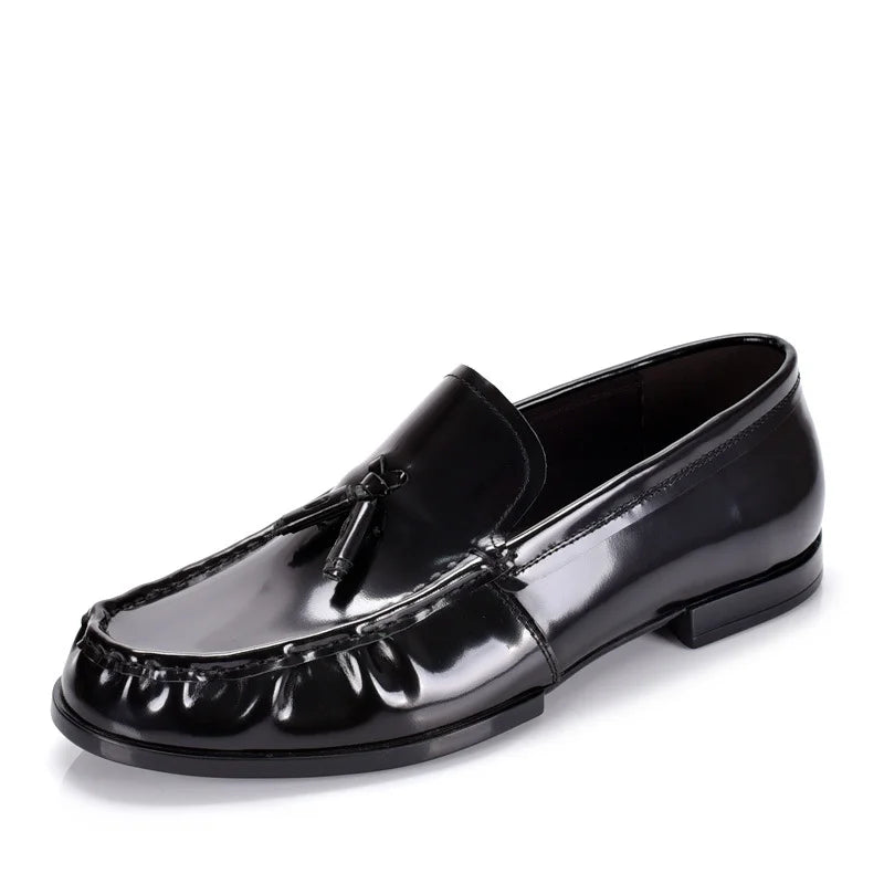 Black high-quality cowhide men's loafers tassel casual walking  driving all genuine leather men's shoes