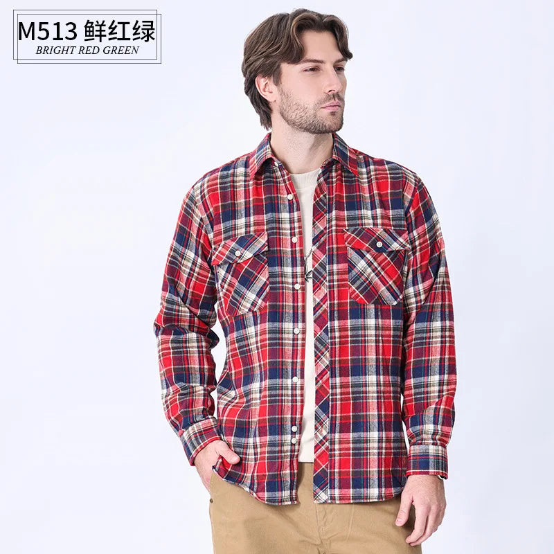 American size men's long-sleeved shirt autumn and winter flannel coat plaid casual non-ironing large size with pockets