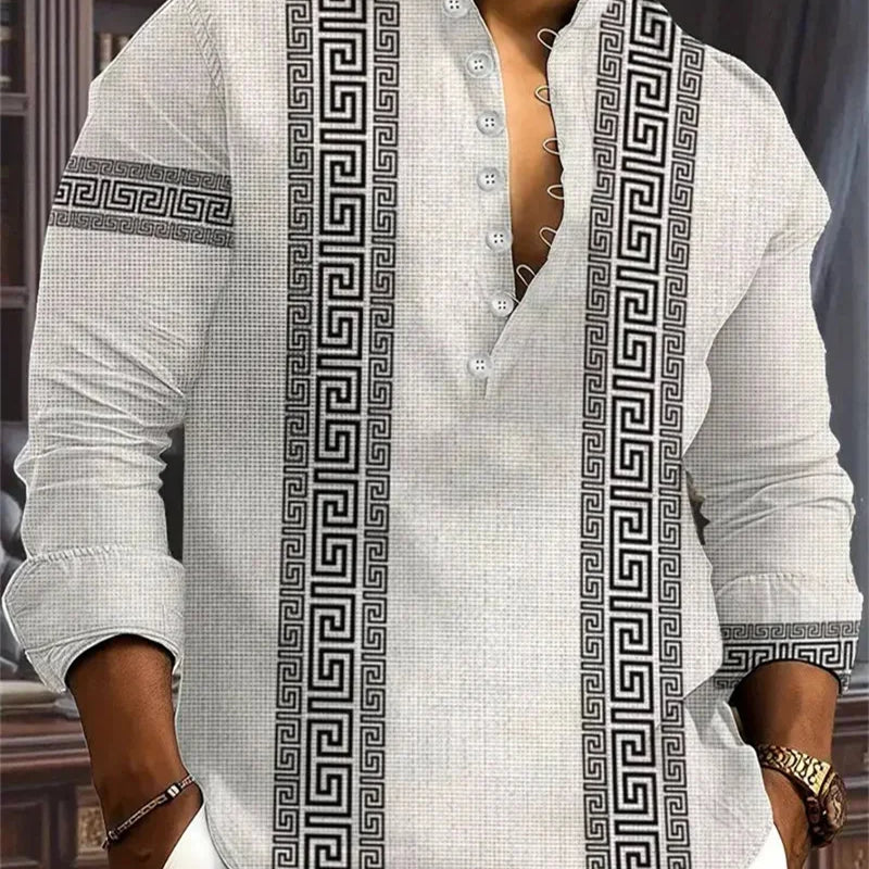 New Men's Henry Collar Linen Long Sleeve Casual Shirt | SAMAG