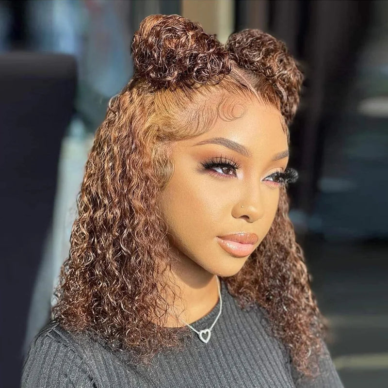 250% Density 4/27 Ombre Highlight Deep Wave Curly Bob Wigs Human Hair Pre Plucked 13x4 HD Honey Blonde Highlight Lace Front Wig