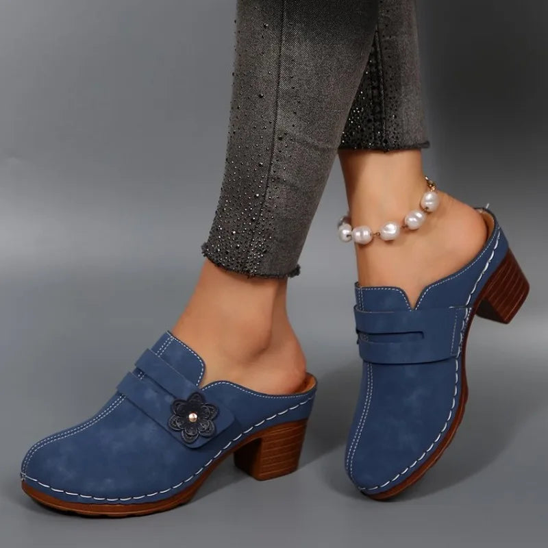 Women's Mules Round Toe Block Heel Suede-Look Shoes Casual Daily Slip-On Clogs Featuring Flower Applique Contrast Stitching 2026
