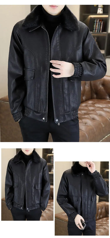 2025Men's Fleece-Lined Thickened Fur Collar Leather Jacket |  Autumn & Winter New Style  High-Quality