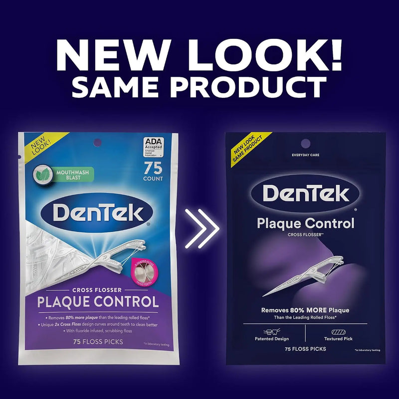 DenTek Plaque Control Floss Picks, X-Shaped Cross Flosser Dental Flossers, Easy Reach Teeth Cleaning, Plaque Removal, Oral Care, 75 Count (Pack of 1)